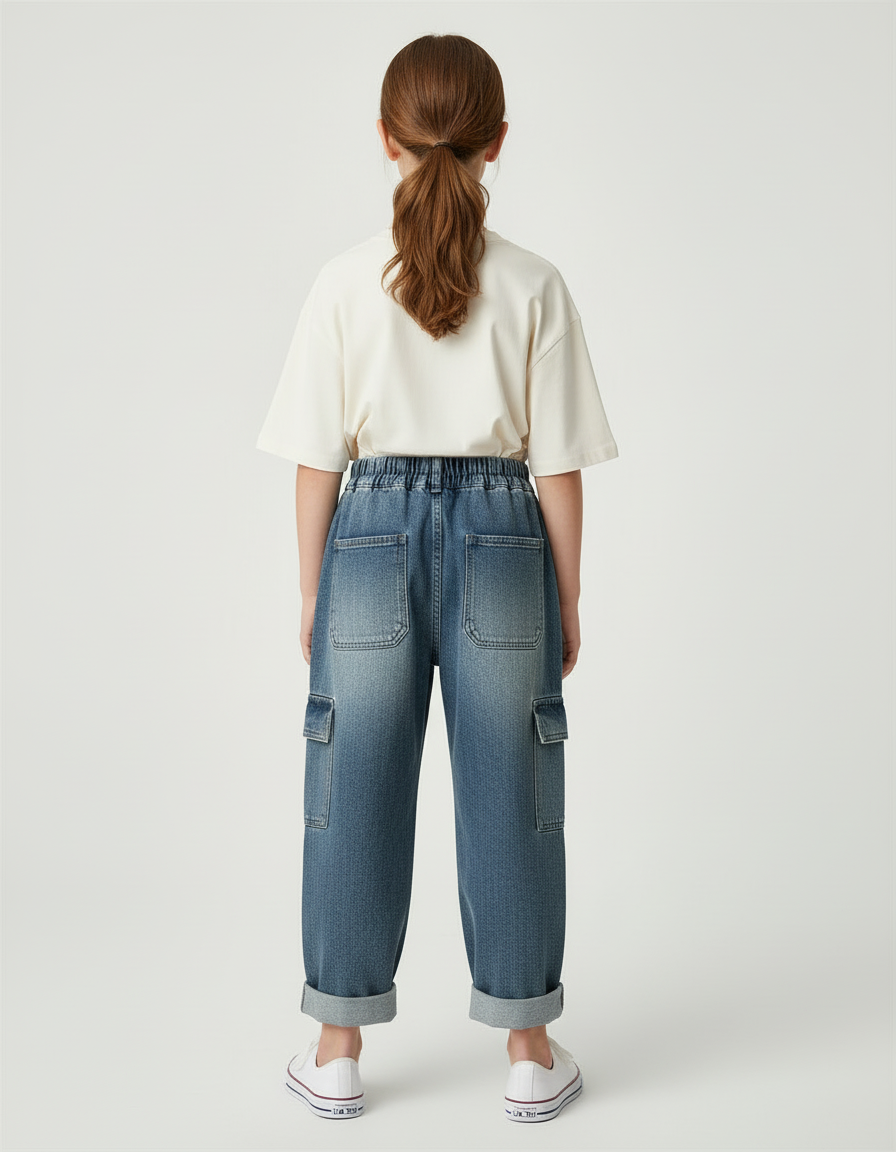 Pantalon Cargo Denim Bleu Ample Multipoches Enfant - Jean - vue 2