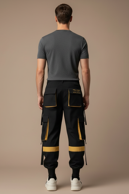 Pantalon Cargo Noir Jaune Streetwear Homme Multi-Poches - Toile - vue 2