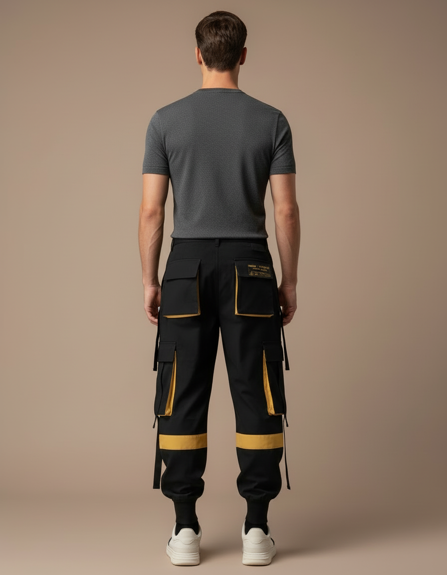 Pantalon Cargo Noir Jaune Streetwear Homme Multi-Poches - Toile - vue 2