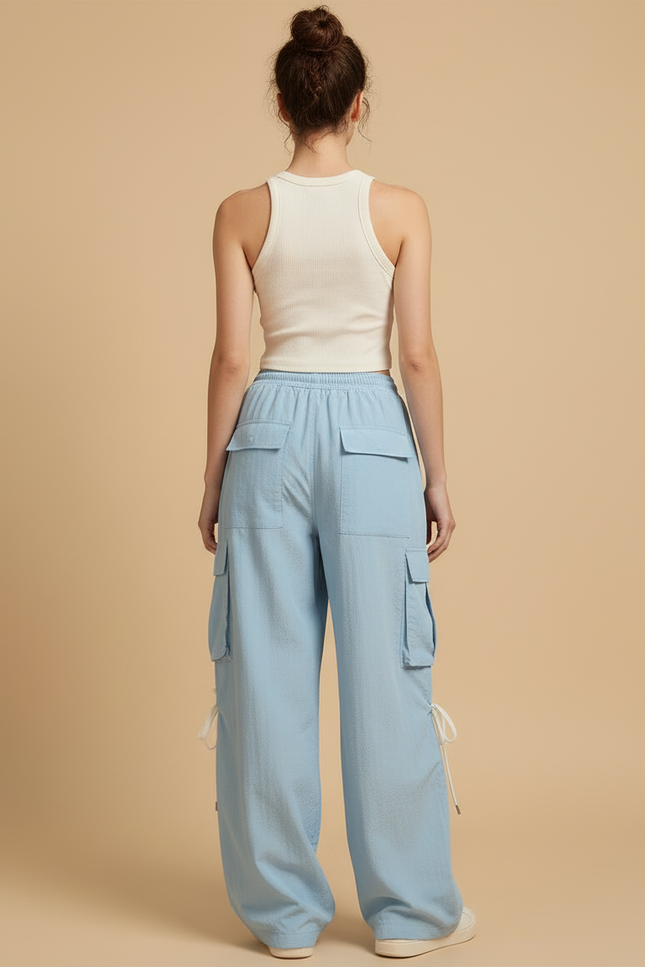 Pantalon Cargo Bleu Ciel Fluide Ample Léger - Polyester - vue 2
