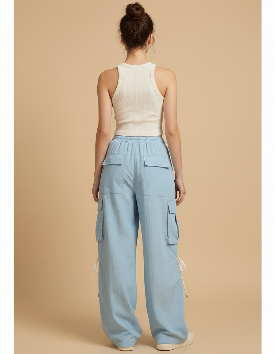 Pantalon Cargo Bleu Ciel Fluide Ample Léger - Polyester - vue 2