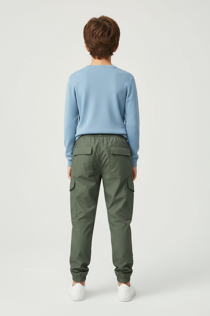 Pantalon Cargo Vert Olive Ample Multipoches Enfant - Kaki Polyester - vue 2