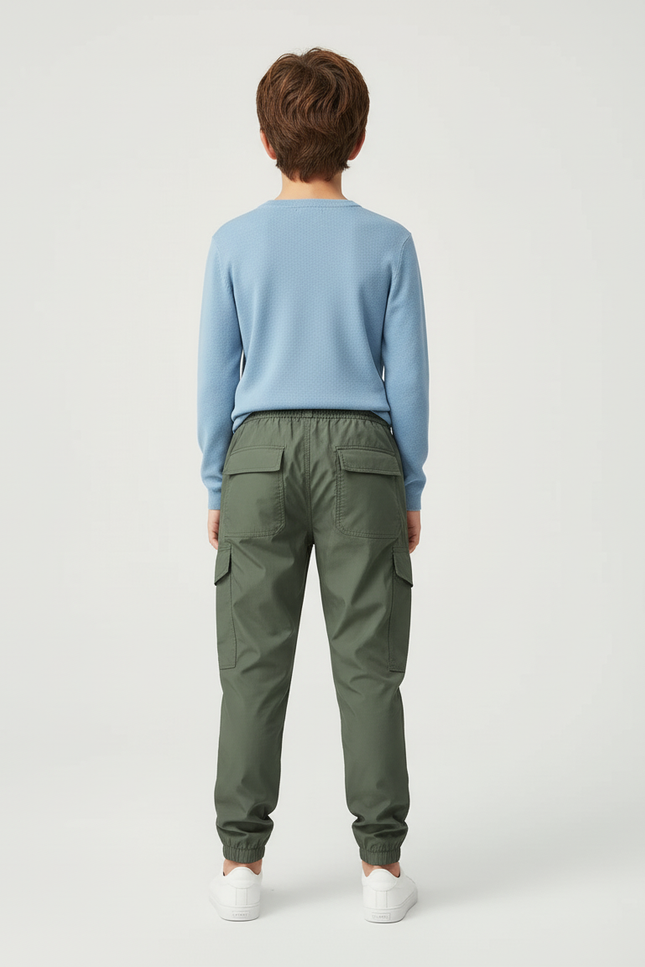 Pantalon Cargo Vert Olive Ample Multipoches Enfant - Kaki Polyester - vue 2