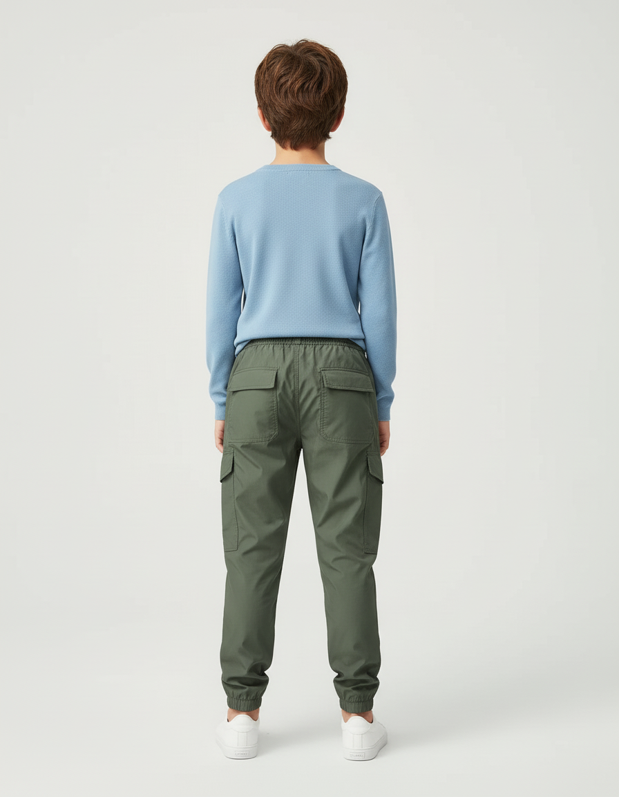Pantalon Cargo Vert Olive Ample Multipoches Enfant - Kaki Polyester - vue 2