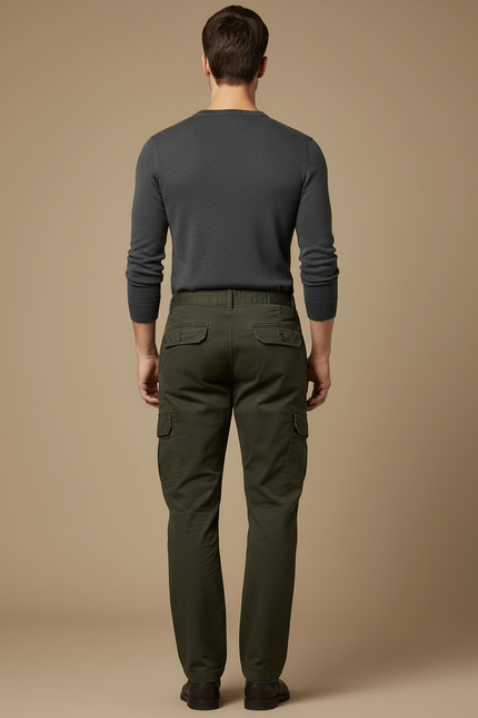 Pantalon Cargo Vert Olive Coton Droit Multipoches - Kaki - vue 2