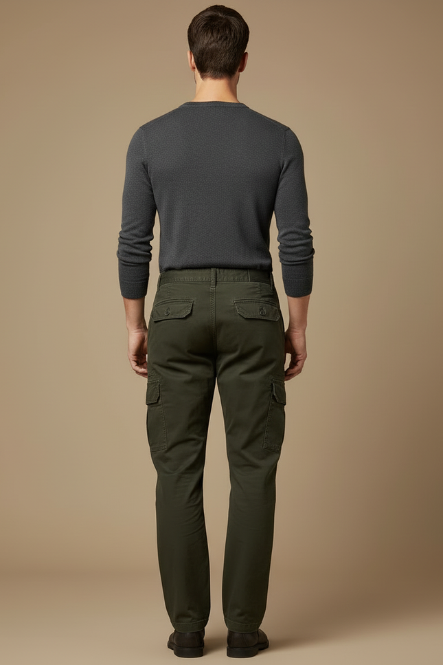 Pantalon Cargo Vert Olive Coton Droit Multipoches - Kaki - vue 2