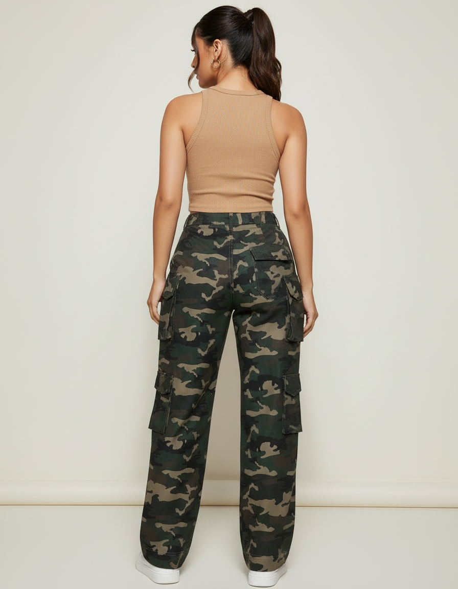 Pantalon Cargo Camouflage Militaire Vert Ample Poches - Toile - vue 2
