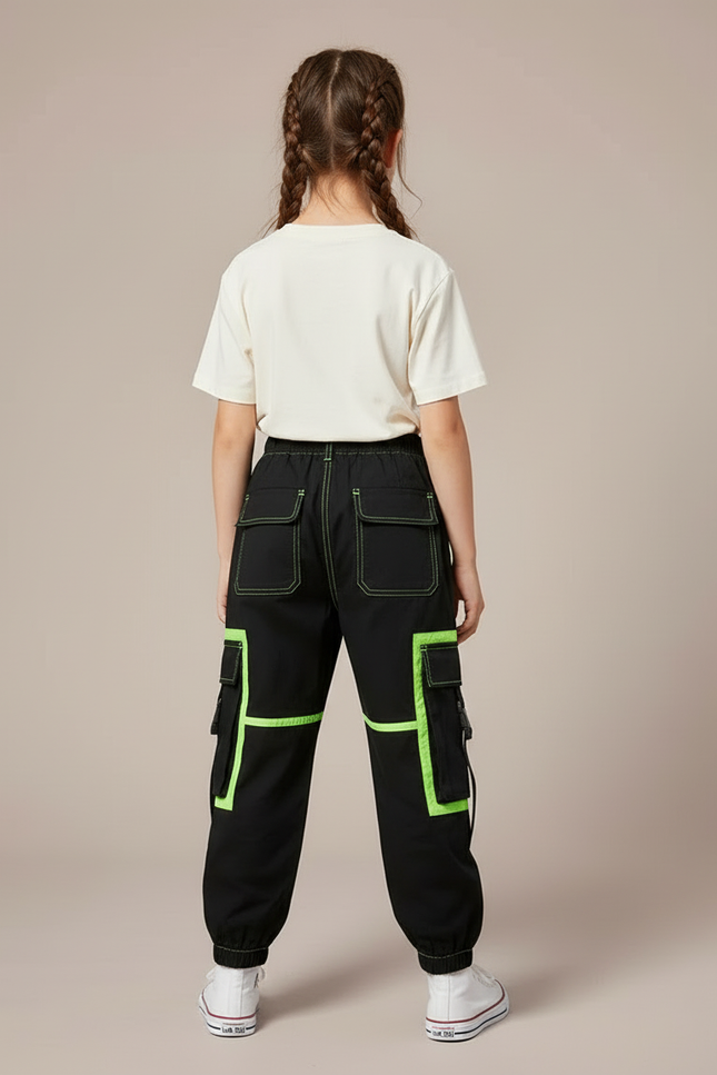 Pantalon Cargo Noir Fluorescent Multipoches Enfant Ample - Toile - vue 2