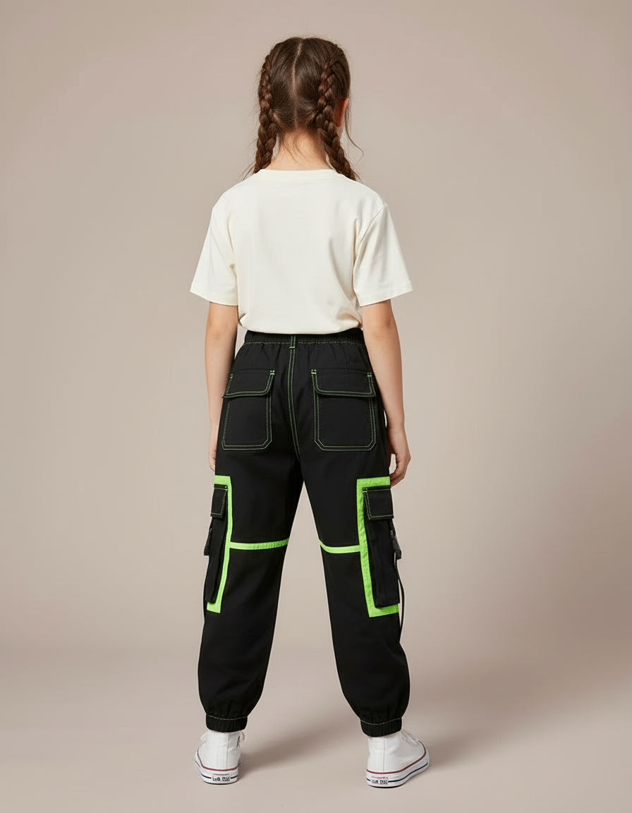 Pantalon Cargo Noir Fluorescent Multipoches Enfant Ample - Toile - vue 2