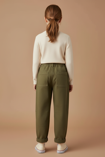 Pantalon Cargo Vert Ample Poches Enfant Fille - Kaki Toile - vue 2
