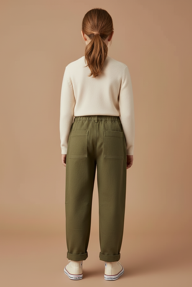 Pantalon Cargo Vert Ample Poches Enfant Fille - Kaki Toile - vue 2