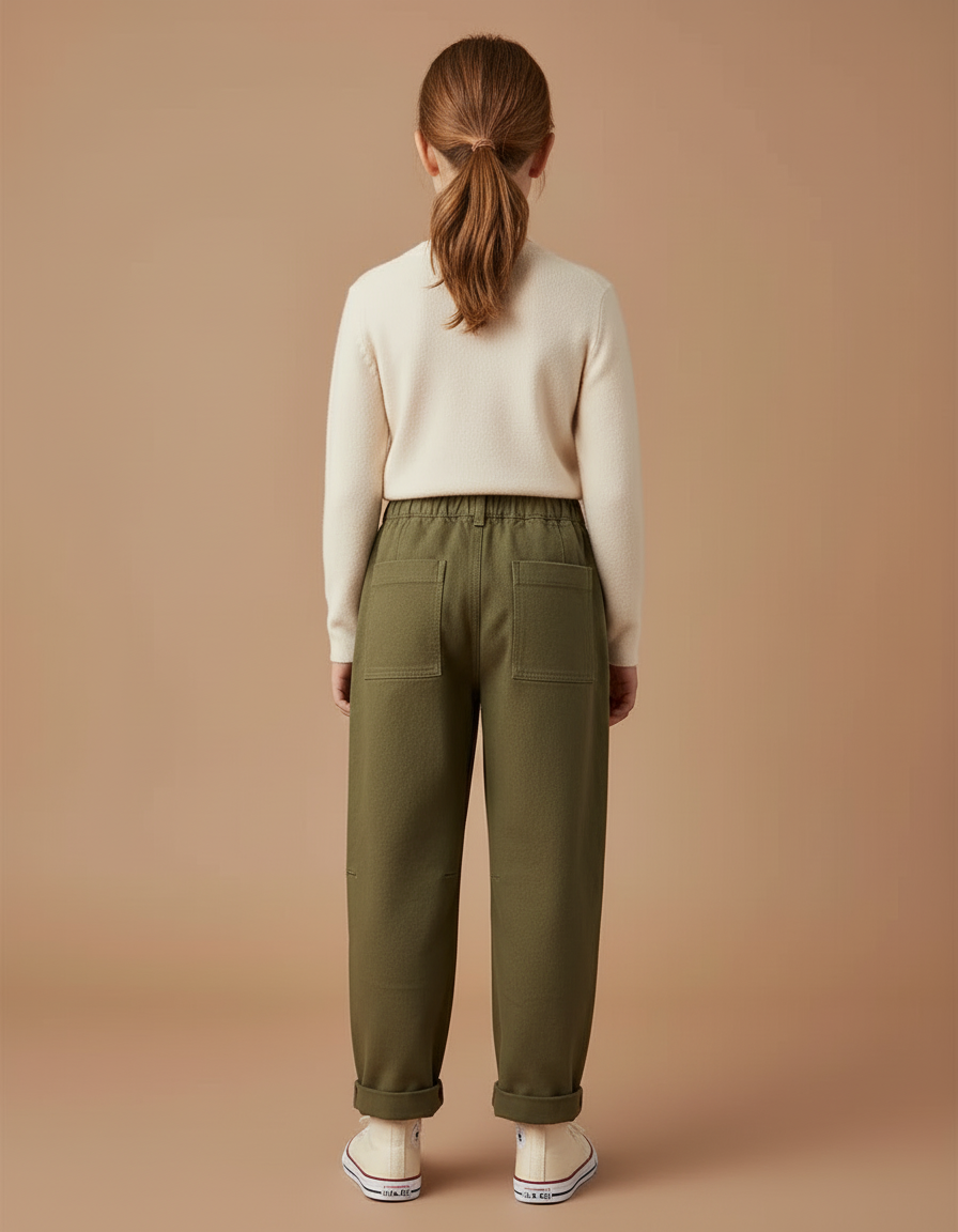 Pantalon Cargo Vert Ample Poches Enfant Fille - Kaki Toile - vue 2