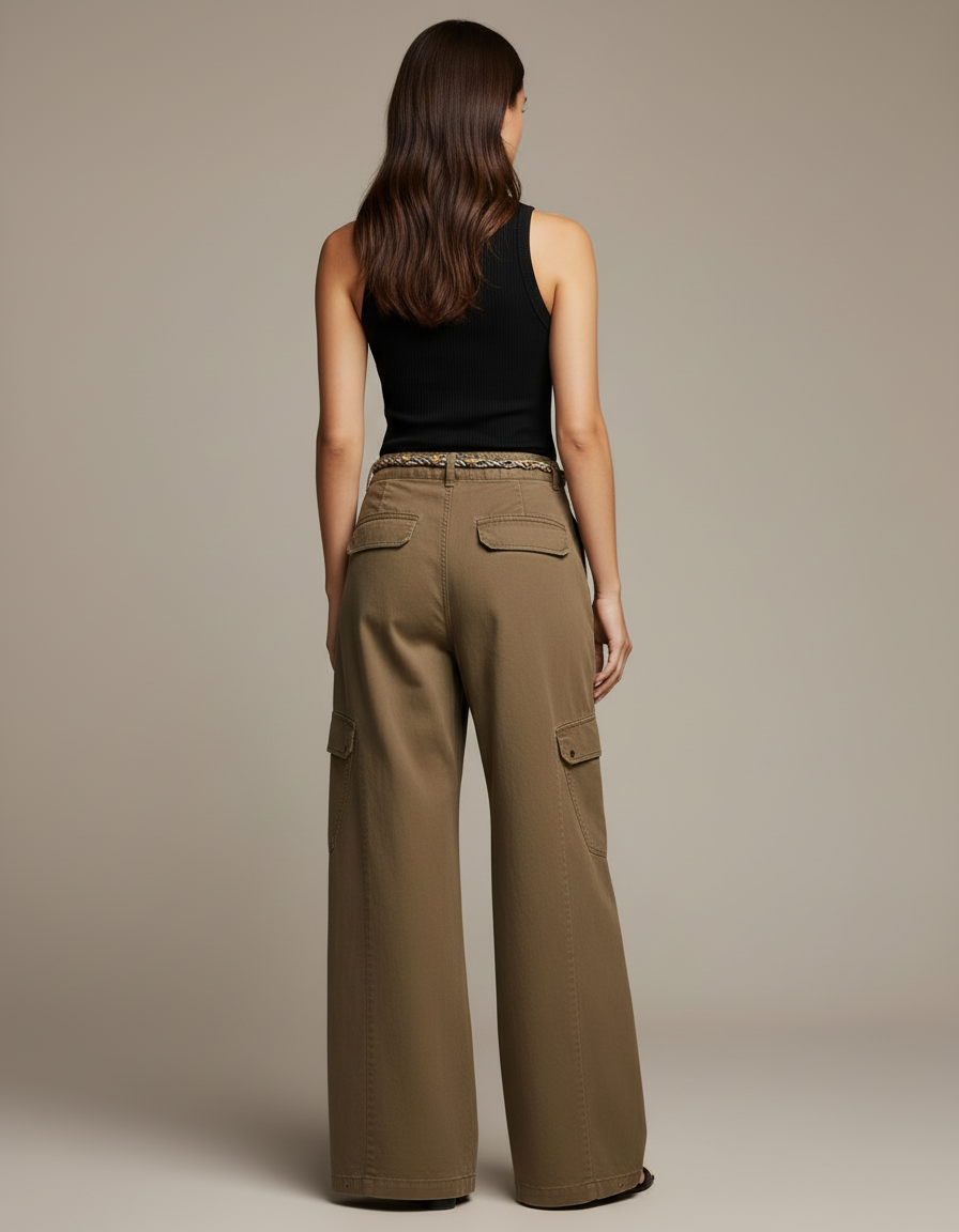 Pantalon Cargo Ceinture Femme - Kaki Toile - vue 2
