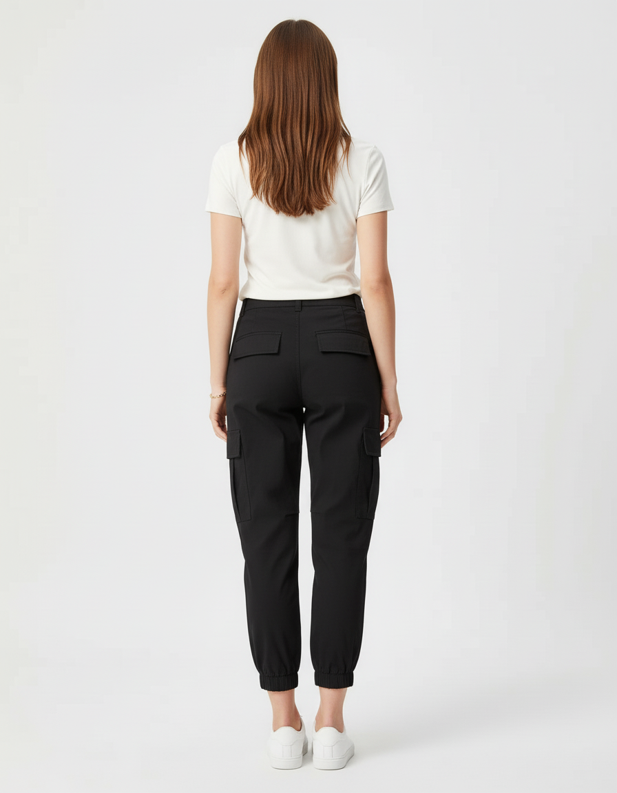 Pantalon Cargo Noir Taille Haute Jogger Femme - Polyester - vue 2