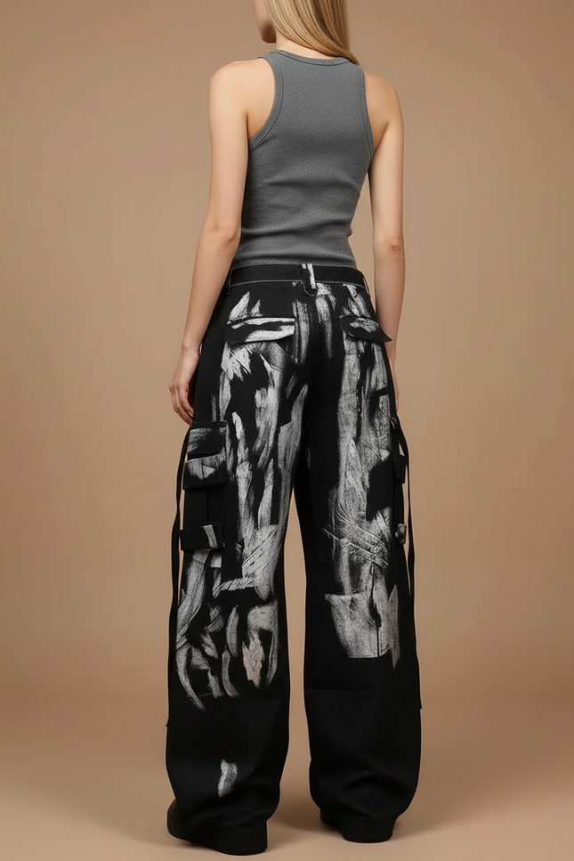 Pantalon Cargo Noir Peint Large Ample Femme - Toile - vue 2