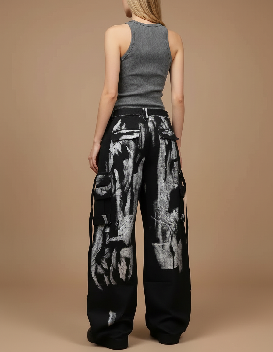 Pantalon Cargo Noir Peint Large Ample Femme - Toile - vue 2