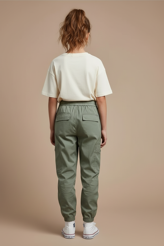 Pantalon Cargo Vert Kaki Ample Multipoches Enfant Urbain - Gabardine - vue 2
