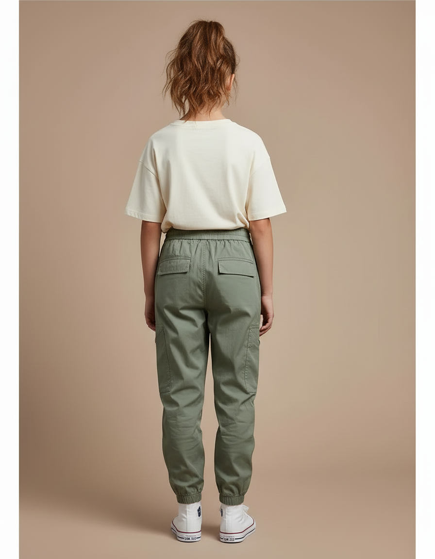 Pantalon Cargo Vert Kaki Ample Multipoches Enfant Urbain - Gabardine - vue 2