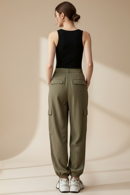 Pantalon Cargo Vert Ample Fluide Décontracté Femme - Kaki Viscose - vue 2