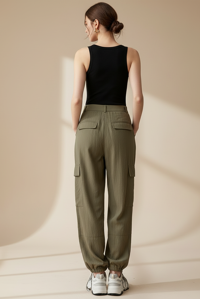 Pantalon Cargo Vert Ample Fluide Décontracté Femme - Kaki Viscose - vue 2