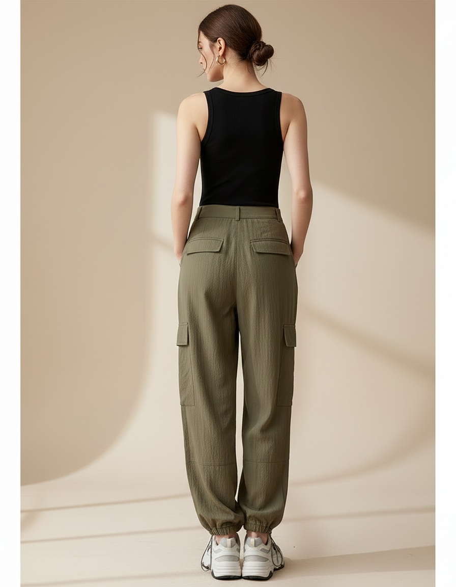 Pantalon Cargo Vert Ample Fluide Décontracté Femme - Kaki Viscose - vue 2