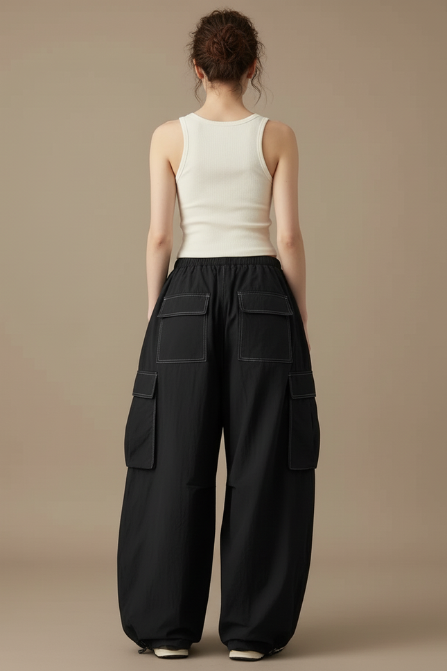 Pantalon Cargo Noir Ample Fluide Poches Streetwear - Polyester - vue 2