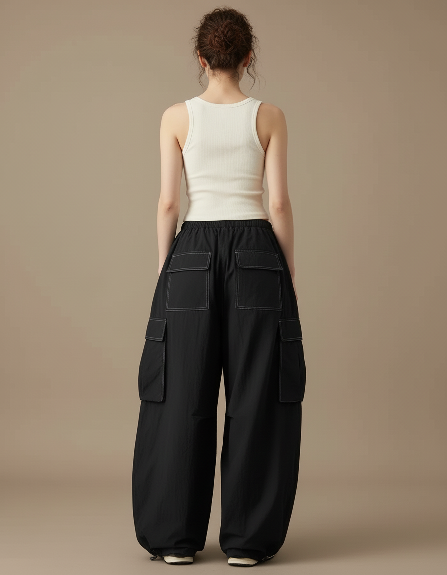 Pantalon Cargo Noir Ample Fluide Poches Streetwear - Polyester - vue 2