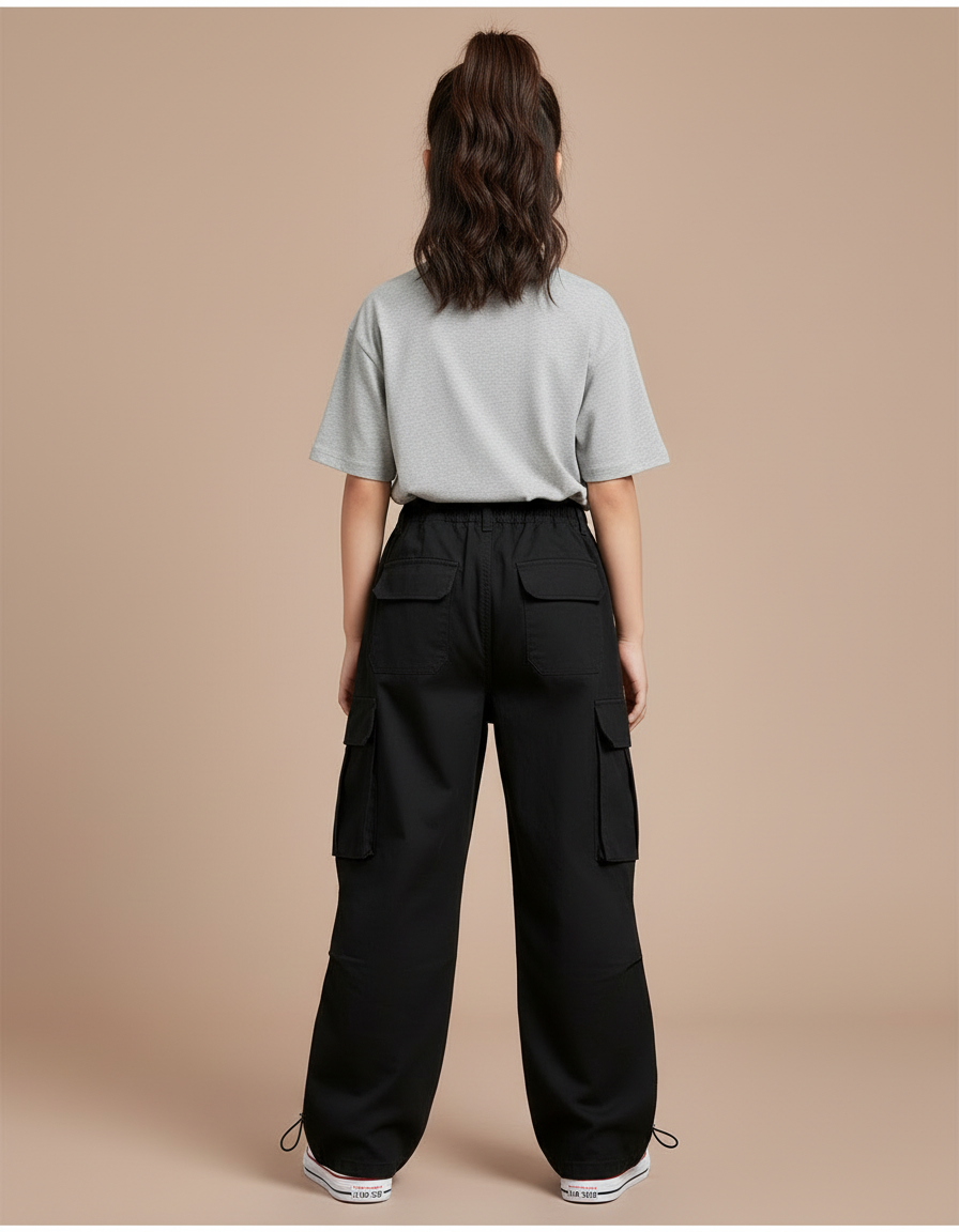 Pantalon Cargo Noir Décontracté Multipoches Enfant - Toile - vue 2