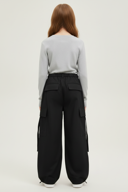 Pantalon Cargo Noir Ample Poches Cordon Fille - Toile - vue 2