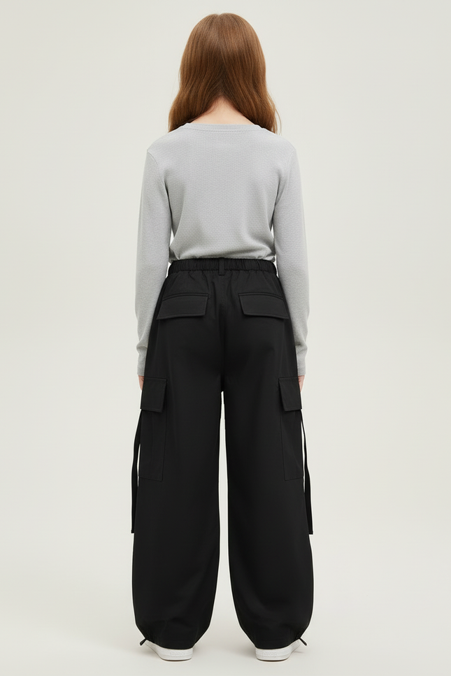 Pantalon Cargo Noir Ample Poches Cordon Fille - Toile - vue 2