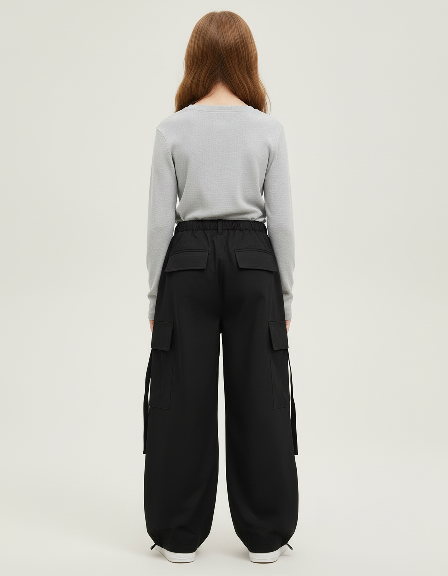 Pantalon Cargo Noir Ample Poches Cordon Fille - Toile - vue 2