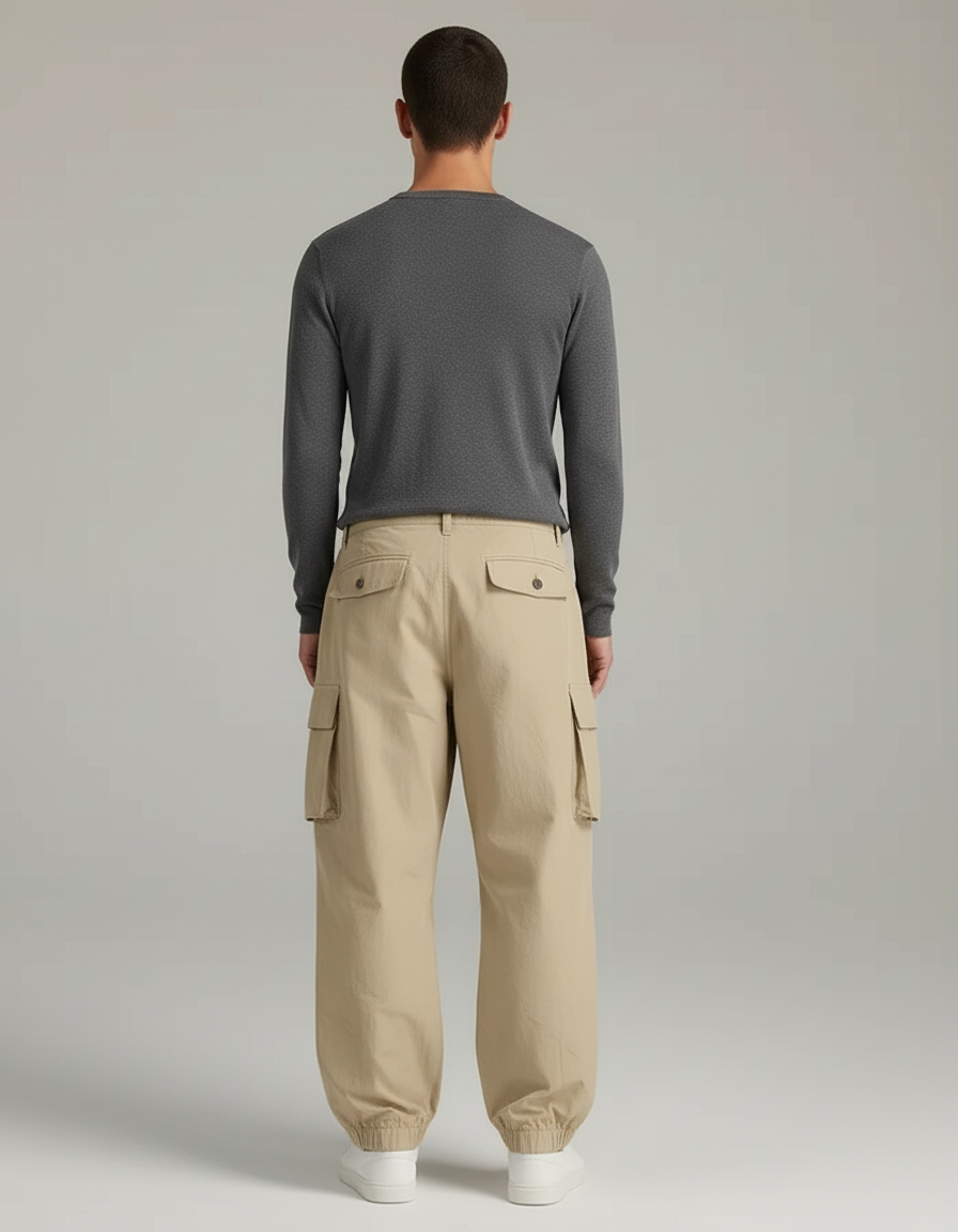 Pantalon Cargo Beige Ample Multipoches Homme Coton - vue 2