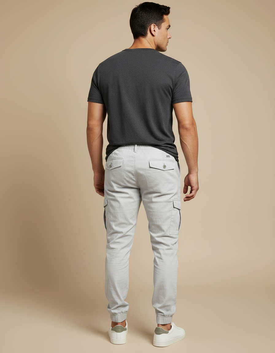 Pantalon Cargo Gris Clair Coton Slim Décontracté - vue 2