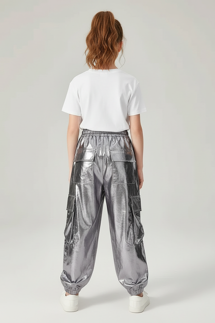 Pantalon Cargo Argenté Brillant Ample Poches Fille - Polyester - vue 2