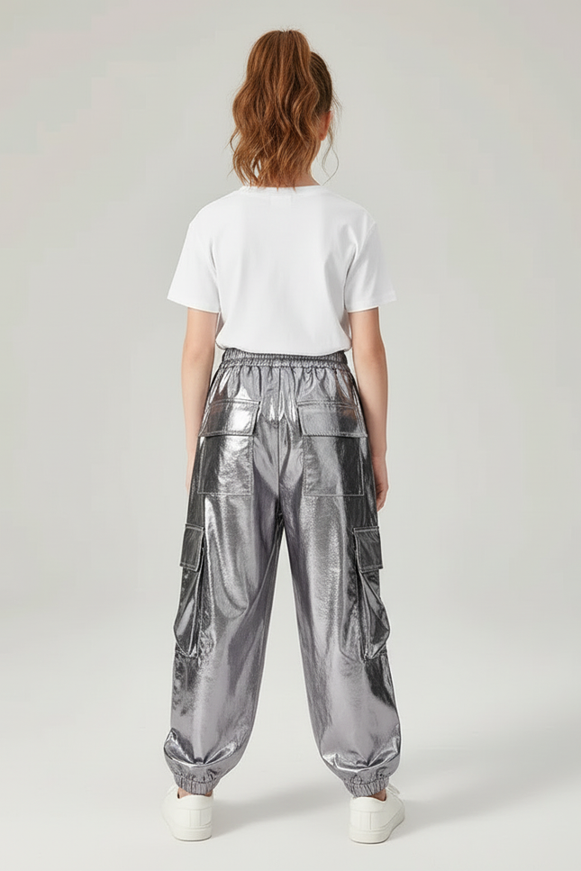Pantalon Cargo Argenté Brillant Ample Poches Fille - Polyester - vue 2