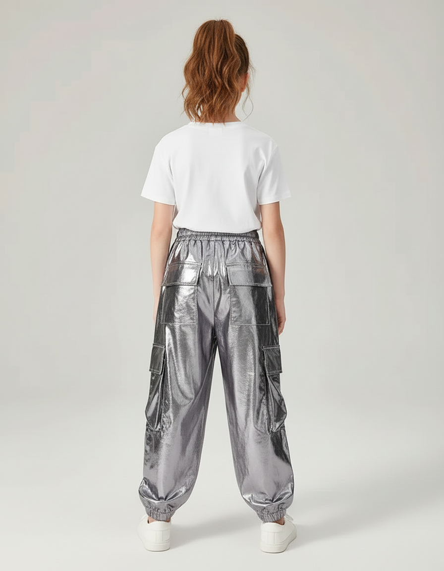 Pantalon Cargo Argenté Brillant Ample Poches Fille - Polyester - vue 2