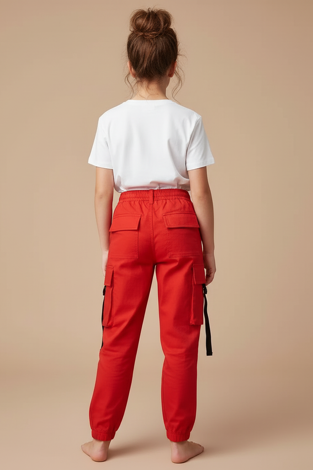 Pantalon Cargo Rouge Décontracté Multipoches Enfant - Toile - vue 2