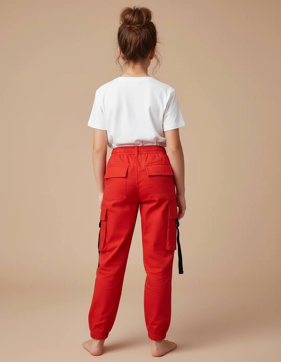 Pantalon Cargo Rouge Décontracté Multipoches Enfant - Toile - vue 2