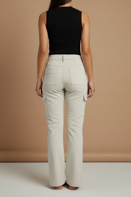 Pantalon Cargo Femme Beige Coupe Droite Multipoches Zippées - Polyester - vue 2