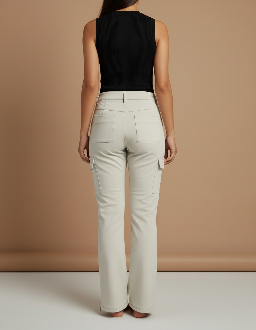 Pantalon Cargo Femme Beige Coupe Droite Multipoches Zippées - Polyester - vue 2