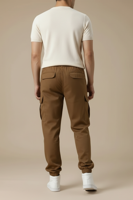 Pantalon Cargo Marron Jogger Ample Coton Multipoches - Gabardine - vue 2
