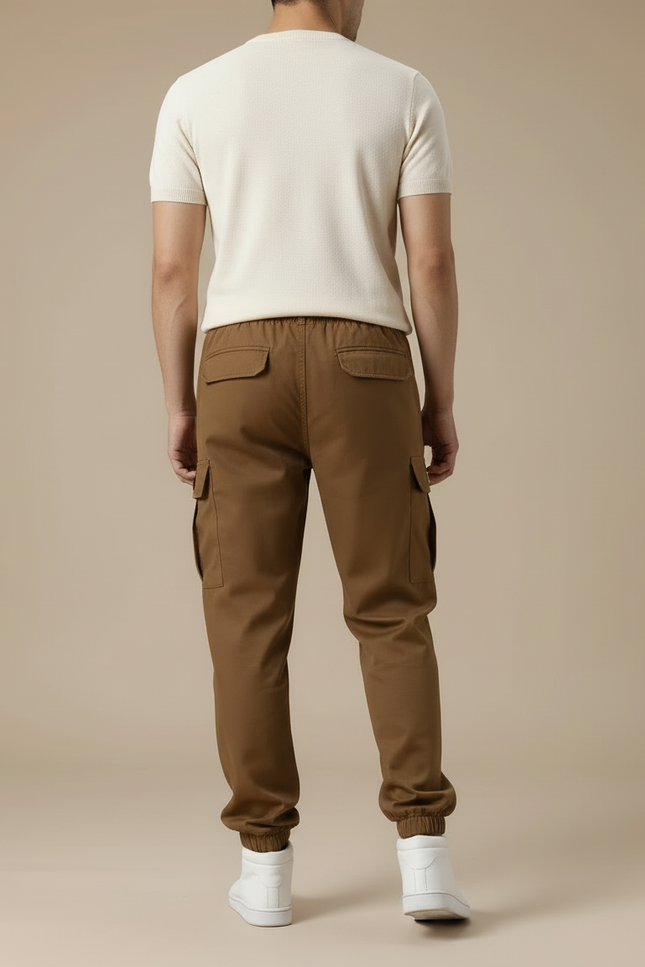 Pantalon Cargo Marron Jogger Ample Coton Multipoches - Gabardine - vue 2