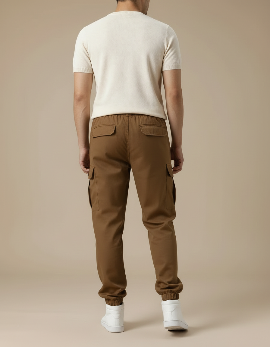 Pantalon Cargo Marron Jogger Ample Coton Multipoches - Gabardine - vue 2