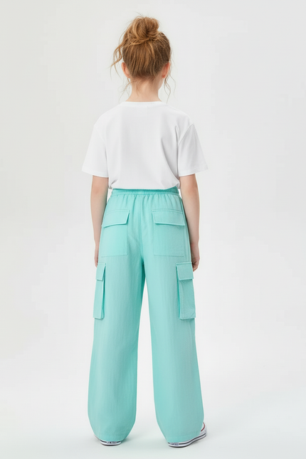 Pantalon Cargo Ample Turquoise Fluide Fille - Bleu Polyester - vue 2