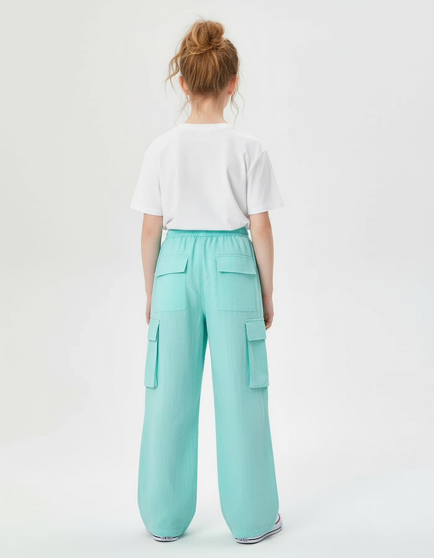 Pantalon Cargo Ample Turquoise Fluide Fille - Bleu Polyester - vue 2
