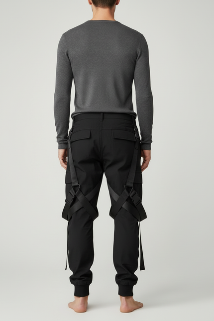Pantalon Cargo Noir Tactique Boucles Sangles Homme - Toile - vue 2