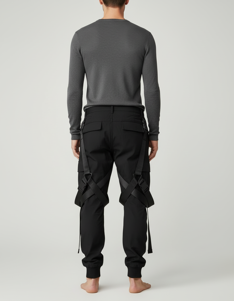 Pantalon Cargo Noir Tactique Boucles Sangles Homme - Toile - vue 2