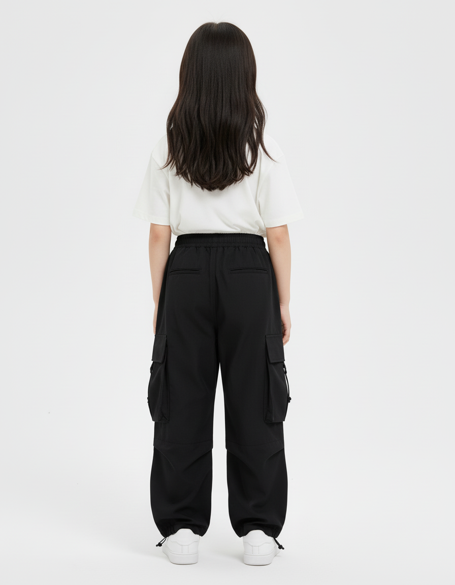 Pantalon Cargo Noir Ample Décontracté Multipoches Fille - Polyester - vue 2