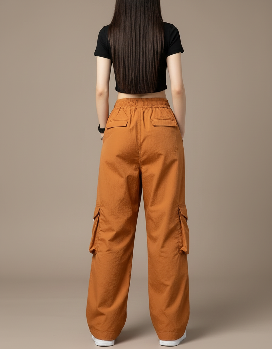 Pantalon Cargo Ample Marron Taille Élastique Femme - Gabardine - vue 2