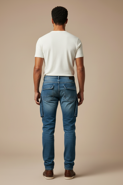 Pantalon Cargo Homme Bleu Denim Multipoches Coupe Slim - Jean - vue 2